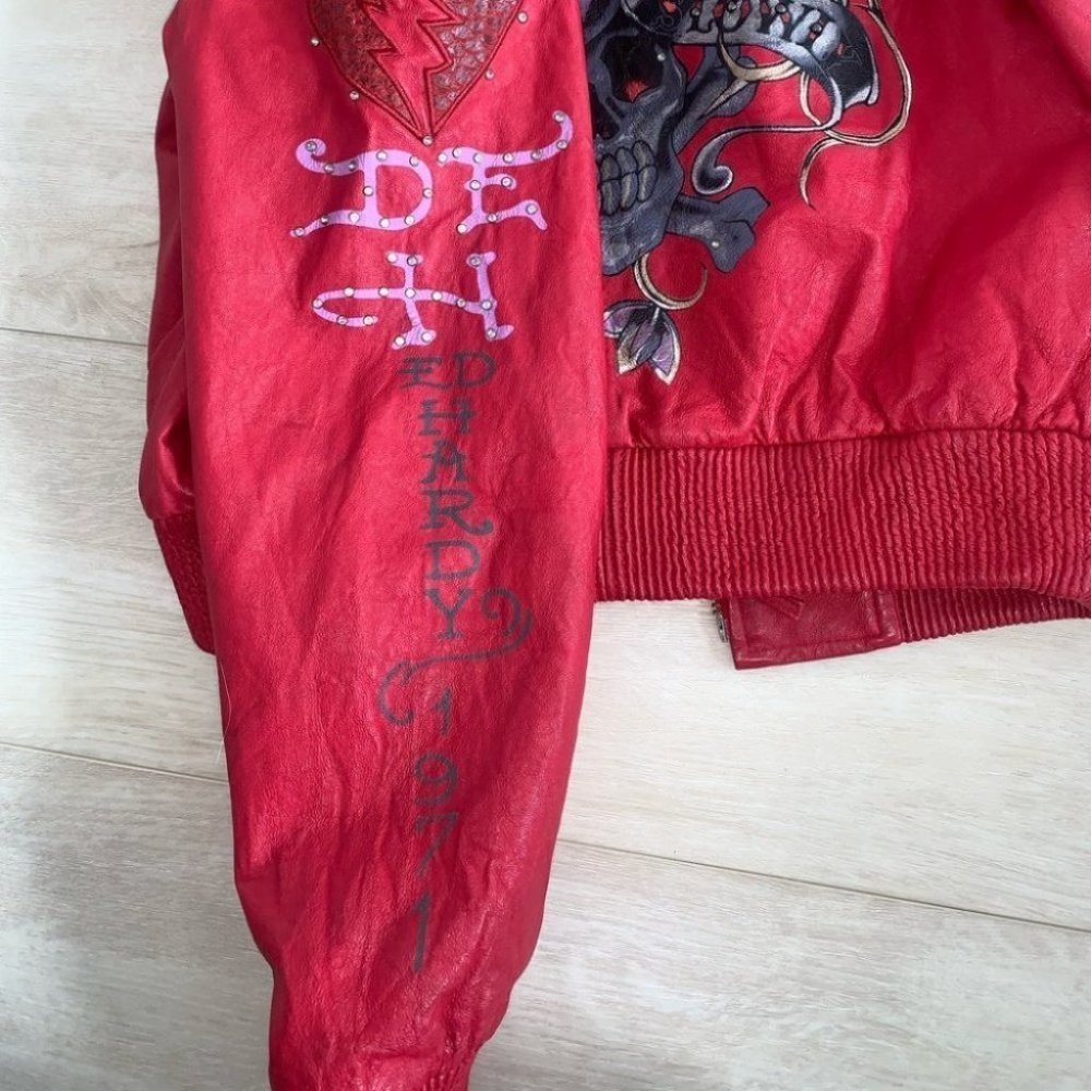 Ed Hardy Leather Jacket Women’s Size Medium Red‎  Y2K Vintage Hooded Authentic - Picture 6 of 12